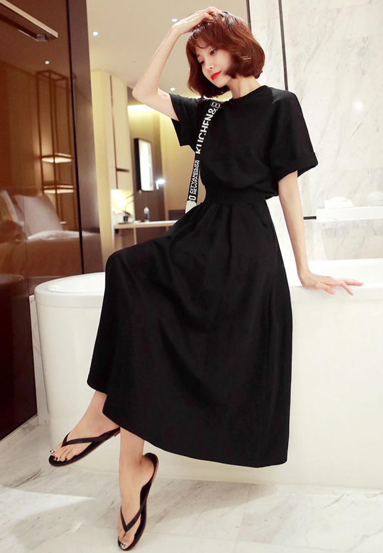 Korean style new summer large hem loose high waist round neck dress CA24050637BKB