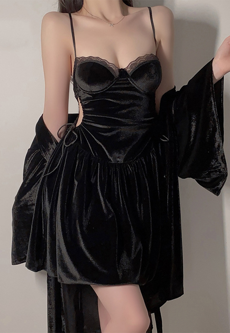 Velvet Low-cut padded suspender nightgown outer robe CA24112038RGD