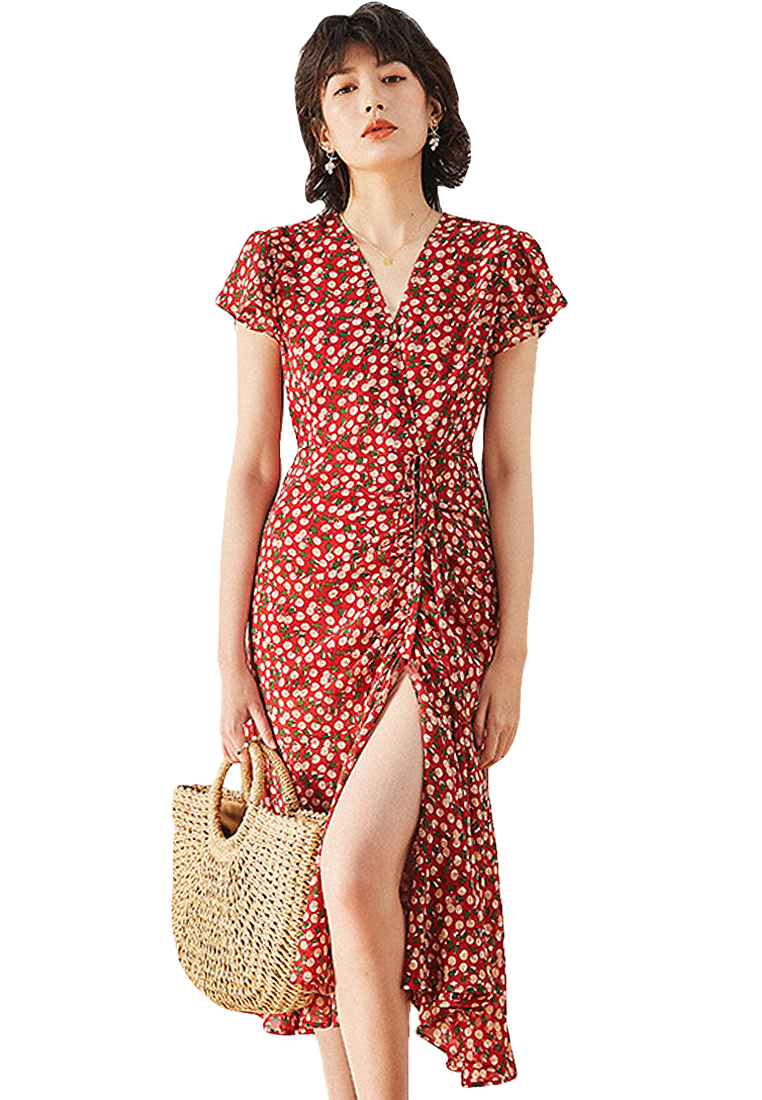 French elegant shirred fishtail floral dress CA101937W