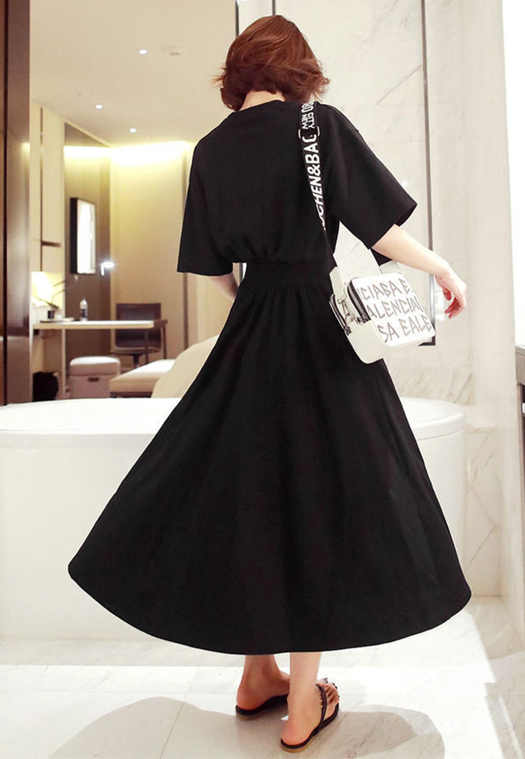 Korean style new summer large hem loose high waist round neck dress CA24050637BKB