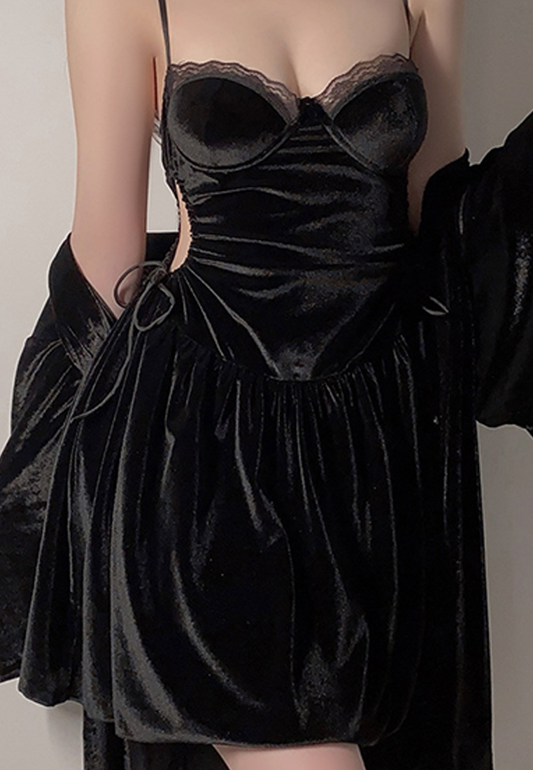 Velvet Low-cut padded suspender nightgown outer robe CA24112038RGD