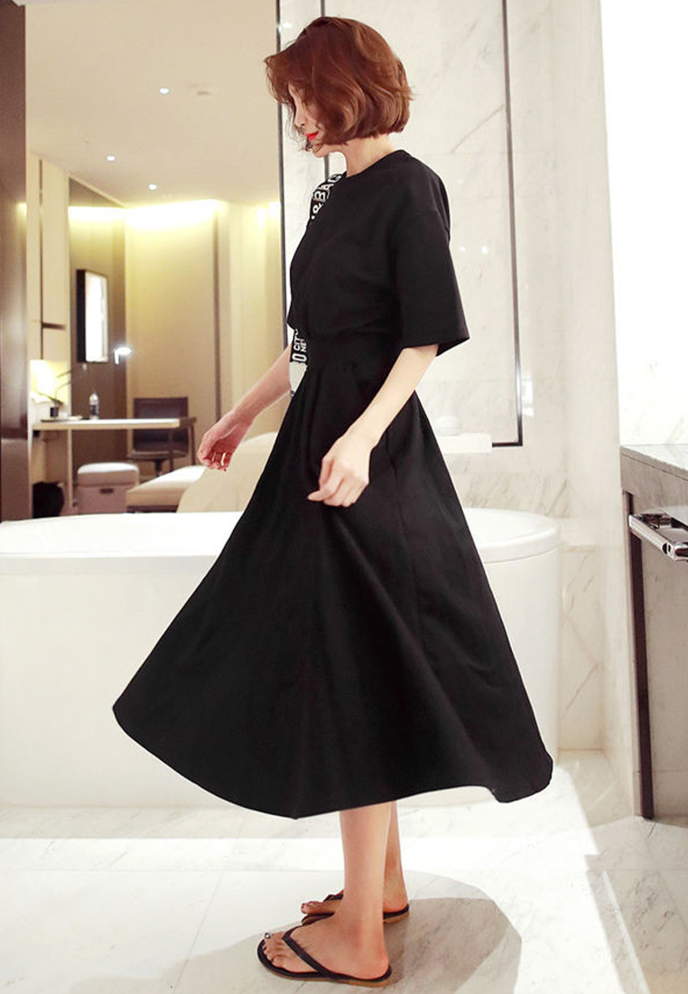 Korean style new summer large hem loose high waist round neck dress CA24050637BKB