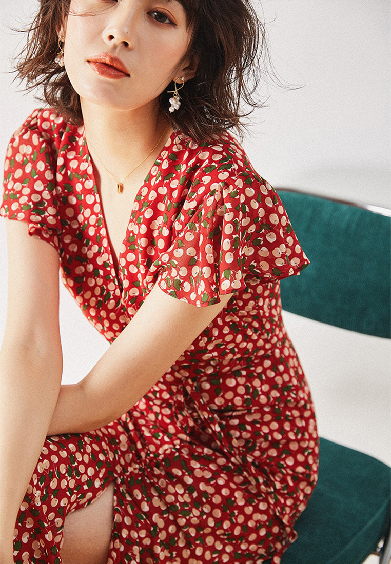 French elegant shirred fishtail floral dress CA101937W