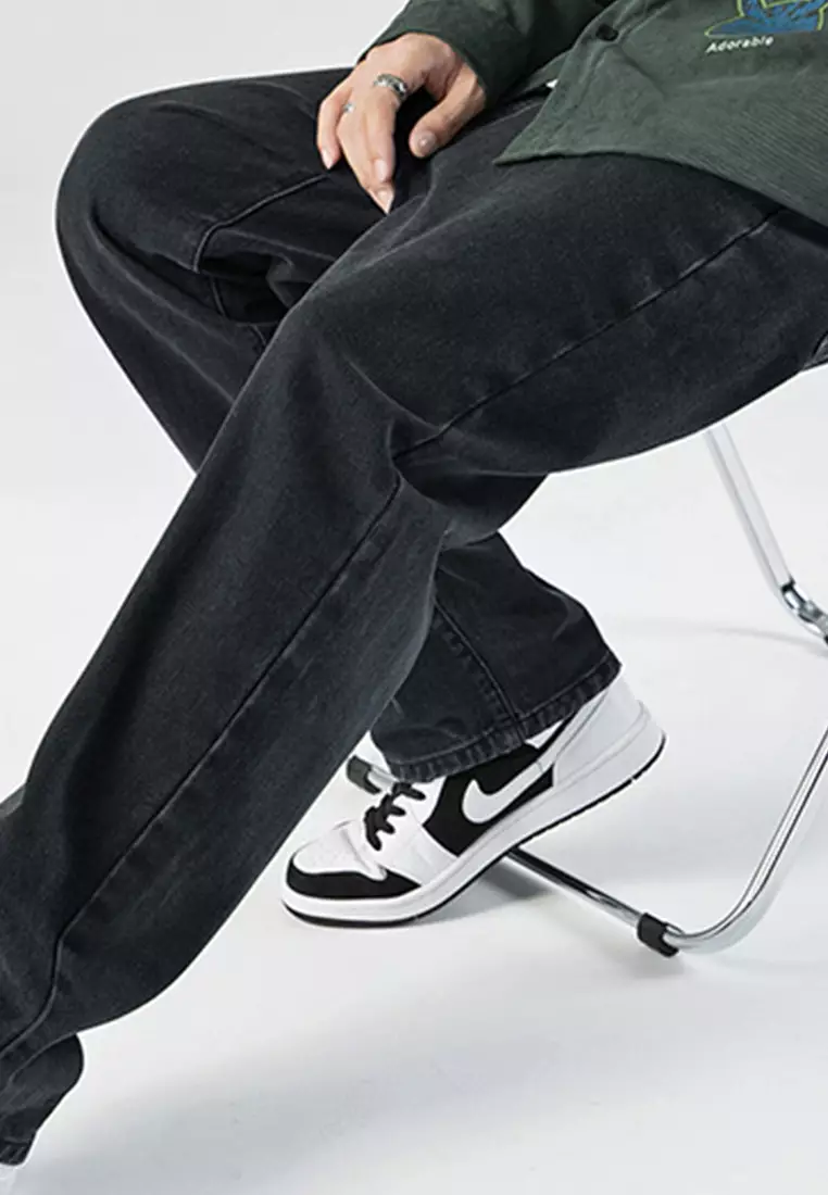 Simple Straight Washed Denim Long Pants A22050331BK
