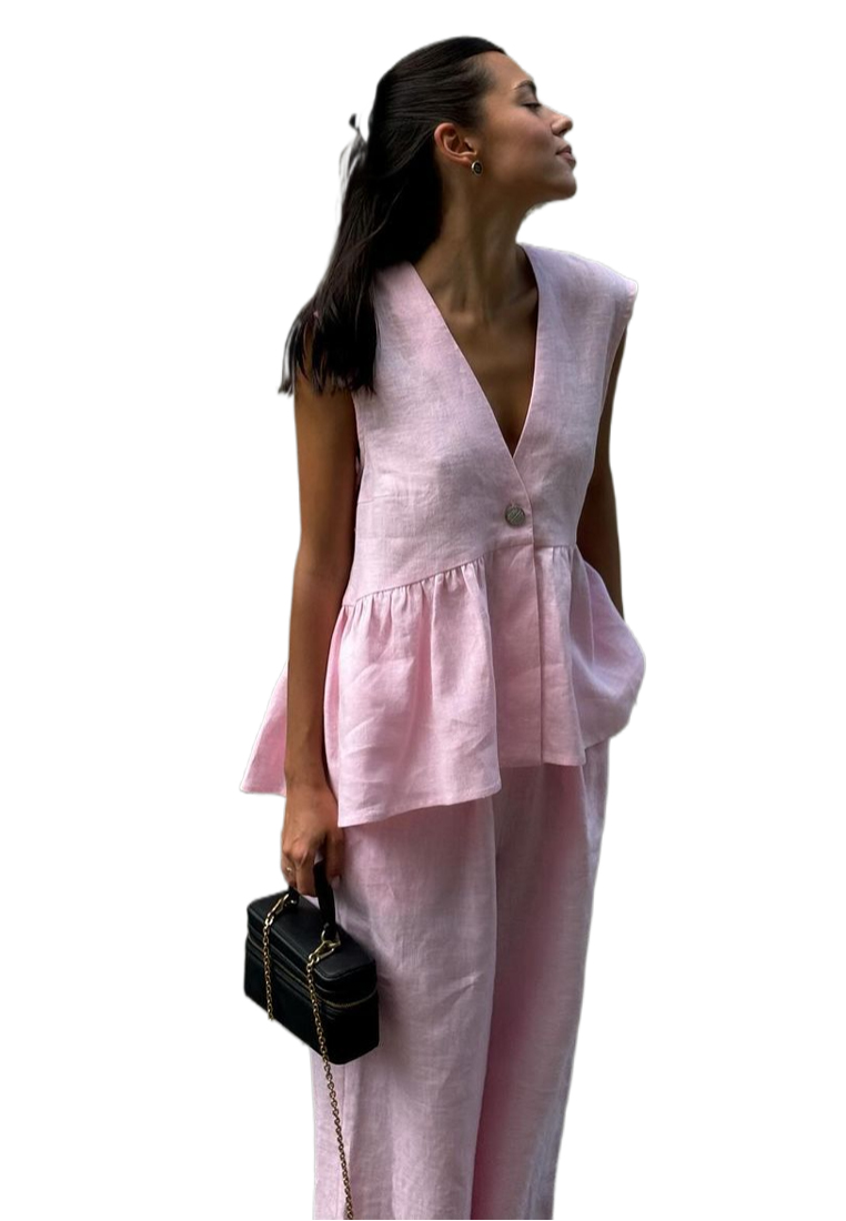Cotton V-neck sleeveless top and pink pants set CA25042238PI