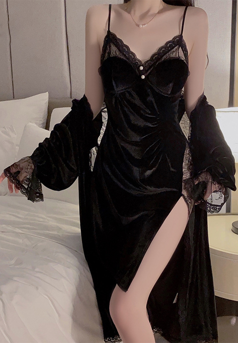 Velvet patchwork Low-cut padded suspender nightgown outer robe CA24112038BK