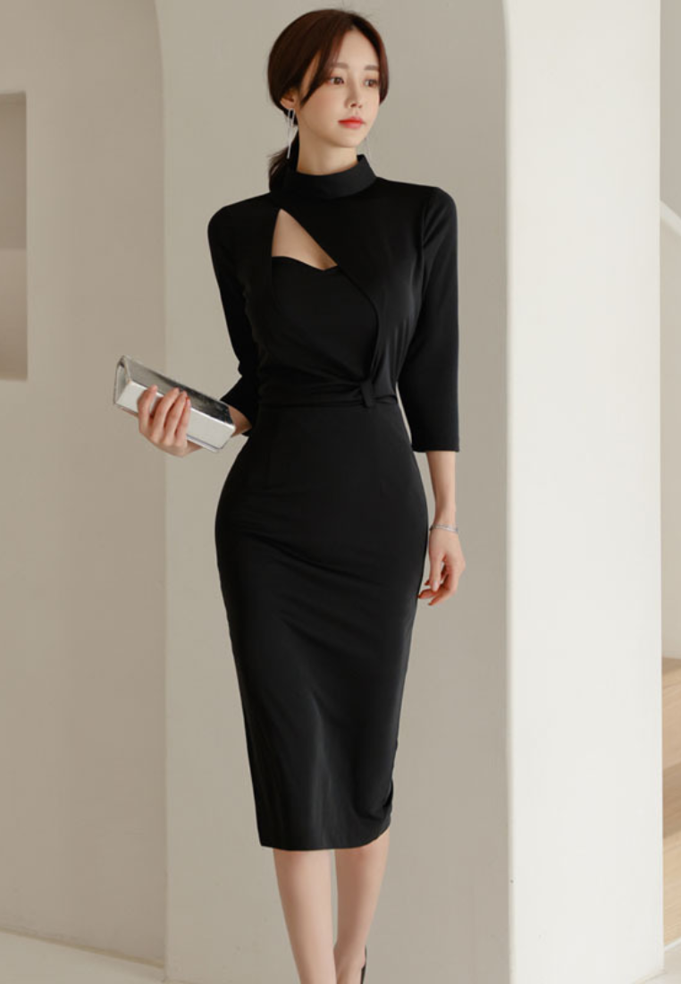 Stand-up Collar Designed Sleeve Midi Pencil Skirt CA25121138BK