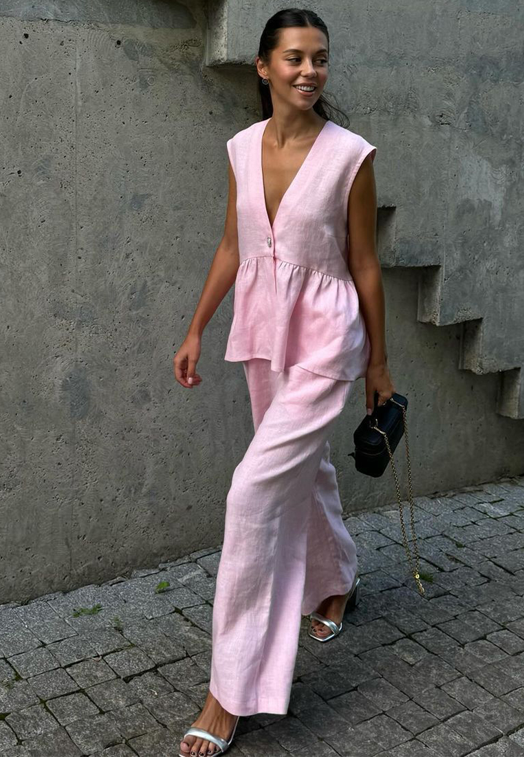 Cotton V-neck sleeveless top and pink pants set CA25042238PI