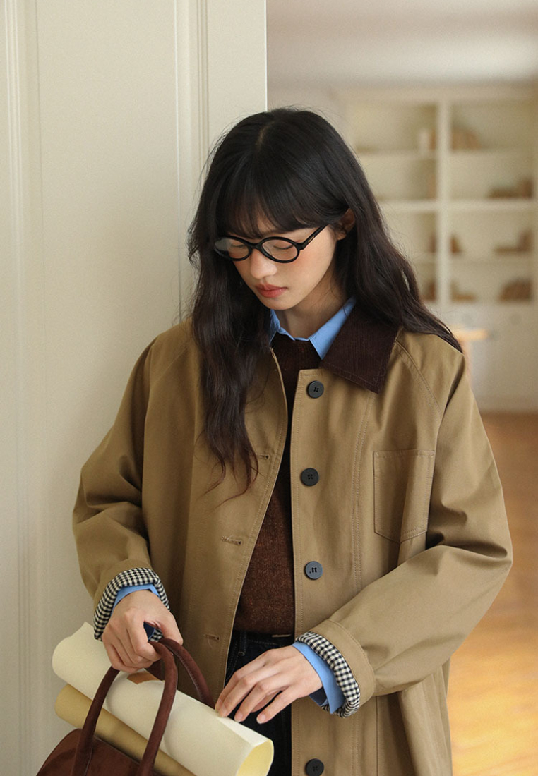 Retro contrast lapel workwear trench coat CA25091938KI