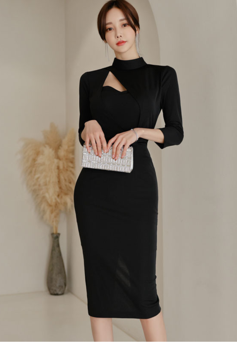 Stand-up Collar Designed Sleeve Midi Pencil Skirt CA25121138BK