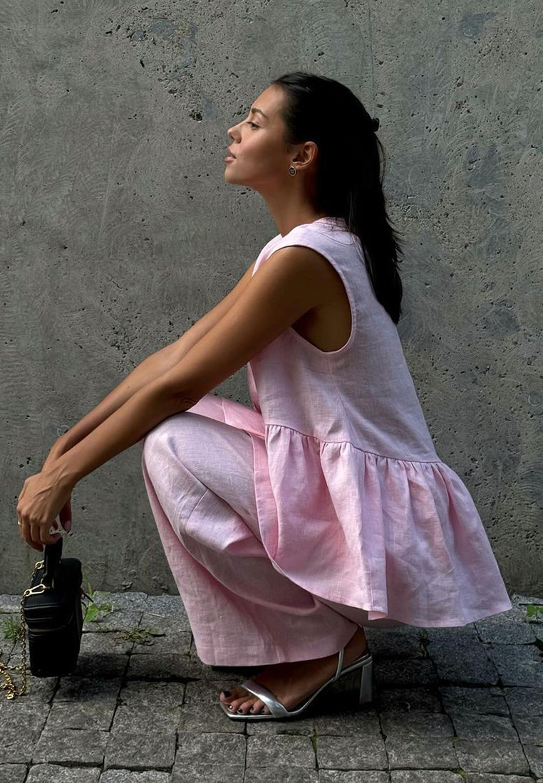 Cotton V-neck sleeveless top and pink pants set CA25042238PI