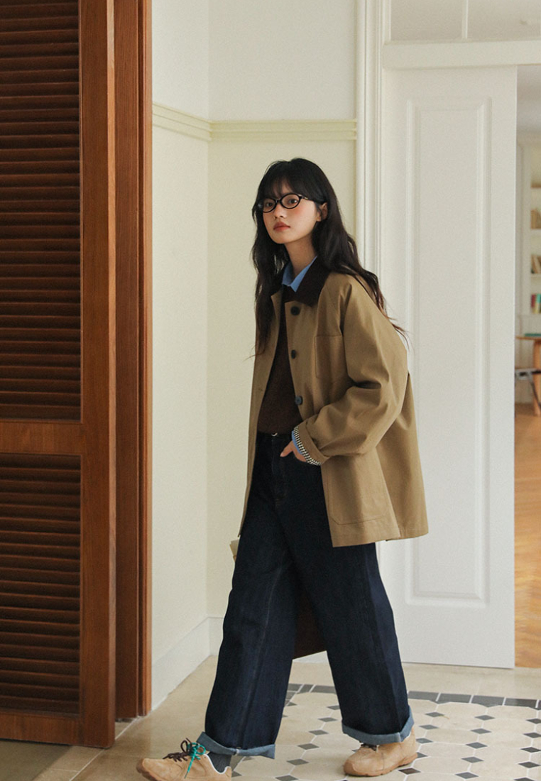 Retro contrast lapel workwear trench coat CA25091938KI