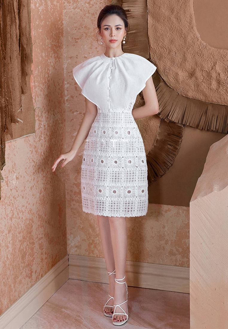 2024 Summer New White Dress Sleeveless Hollow Lace Short Skirt CA4021938W