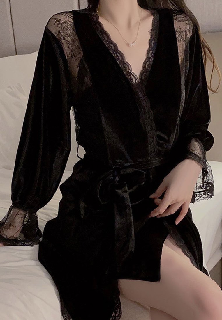 Velvet patchwork Low-cut padded suspender nightgown outer robe CA24112038BK