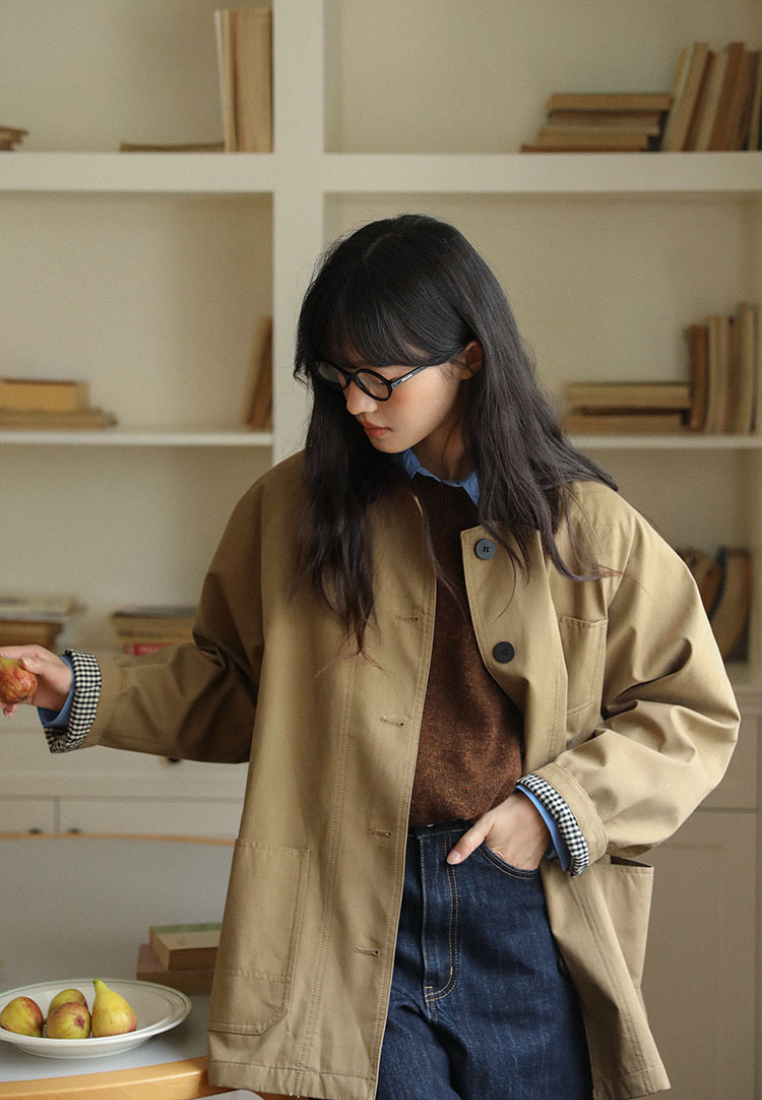 Retro contrast lapel workwear trench coat CA25091938KI