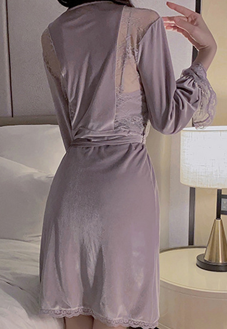 Velvet patchwork Low-cut padded suspender nightgown outer robe CA24112038BK