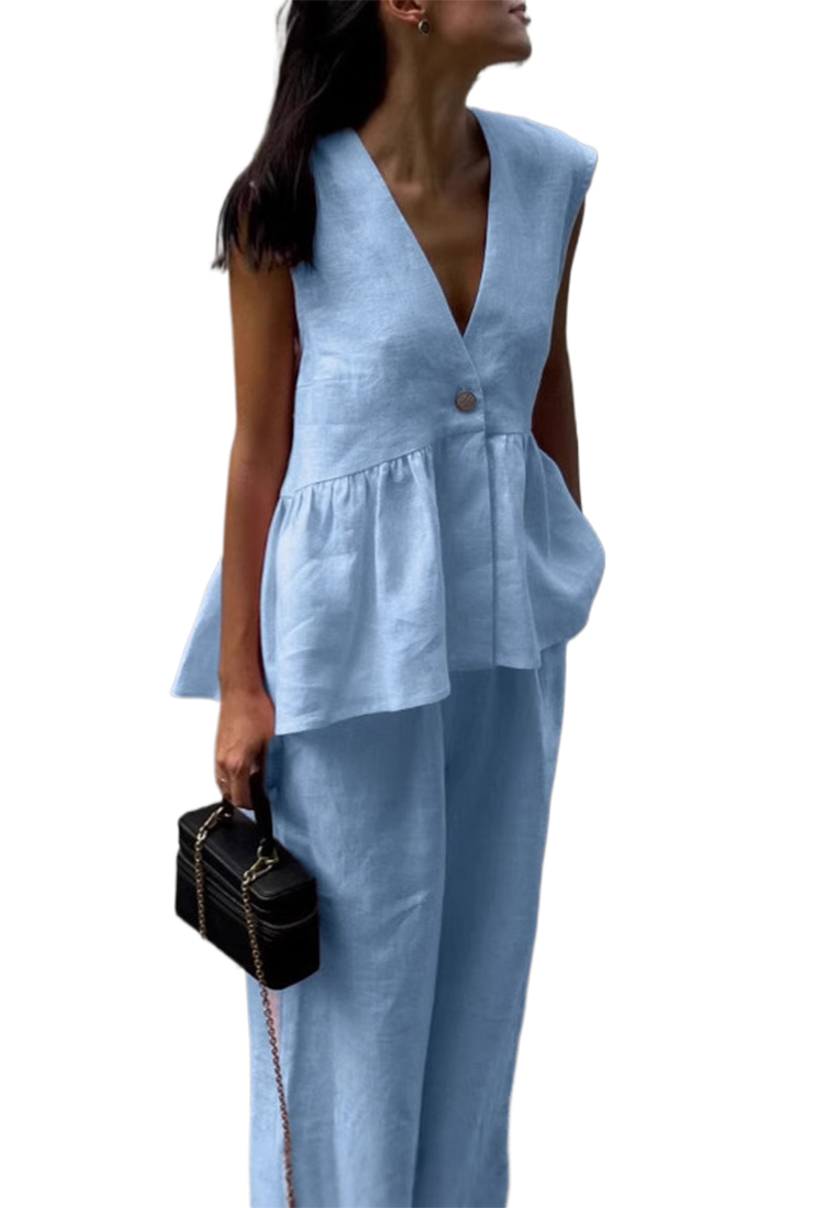 Cotton V-neck sleeveless top and pink pants set CA25042238PI