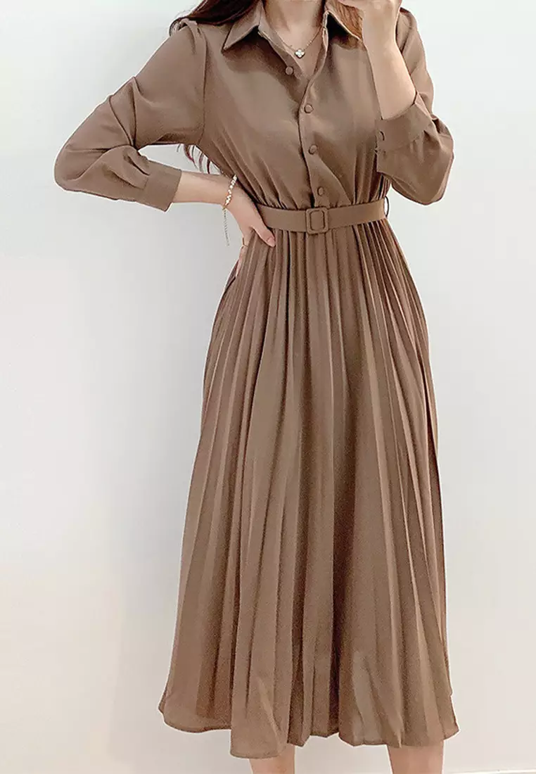 Korean Elegant Single breasted Flip Collar Long Dress CA24092713BW