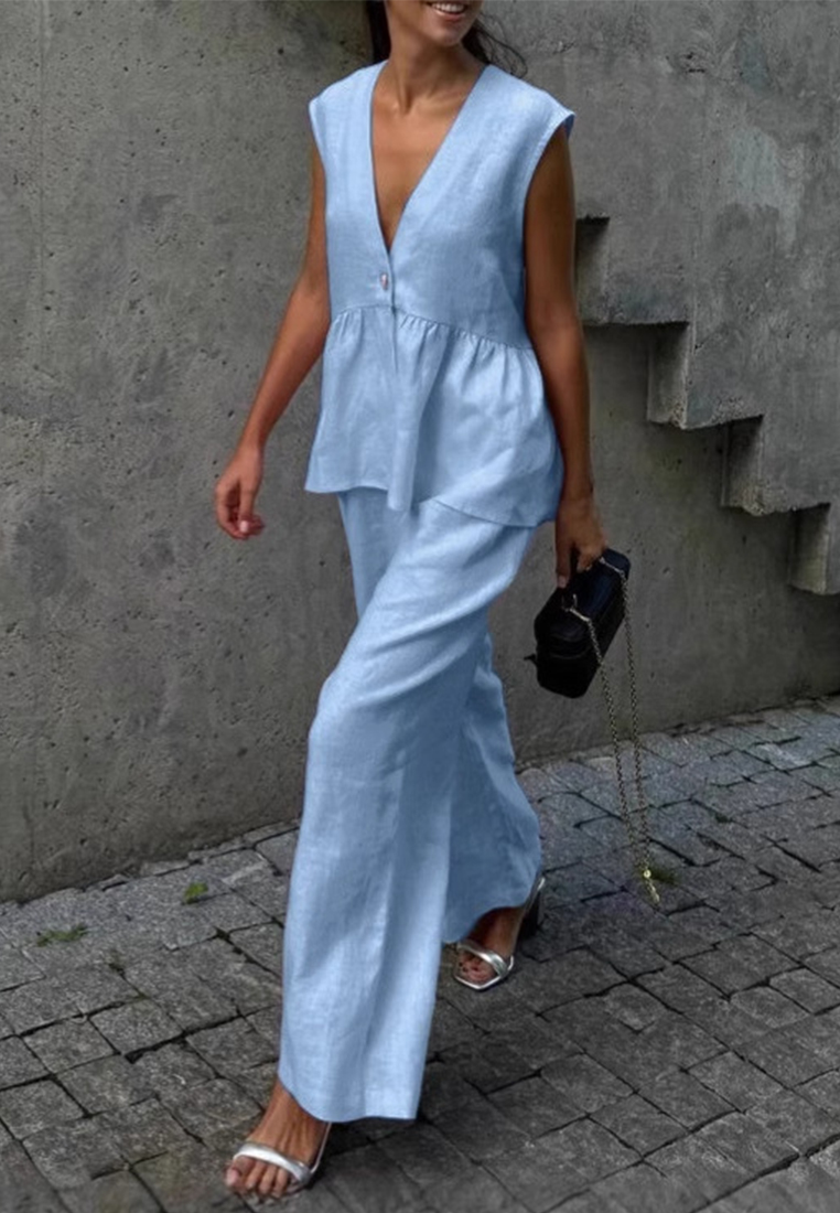 Cotton V-neck sleeveless top and pink pants set CA25042238PI