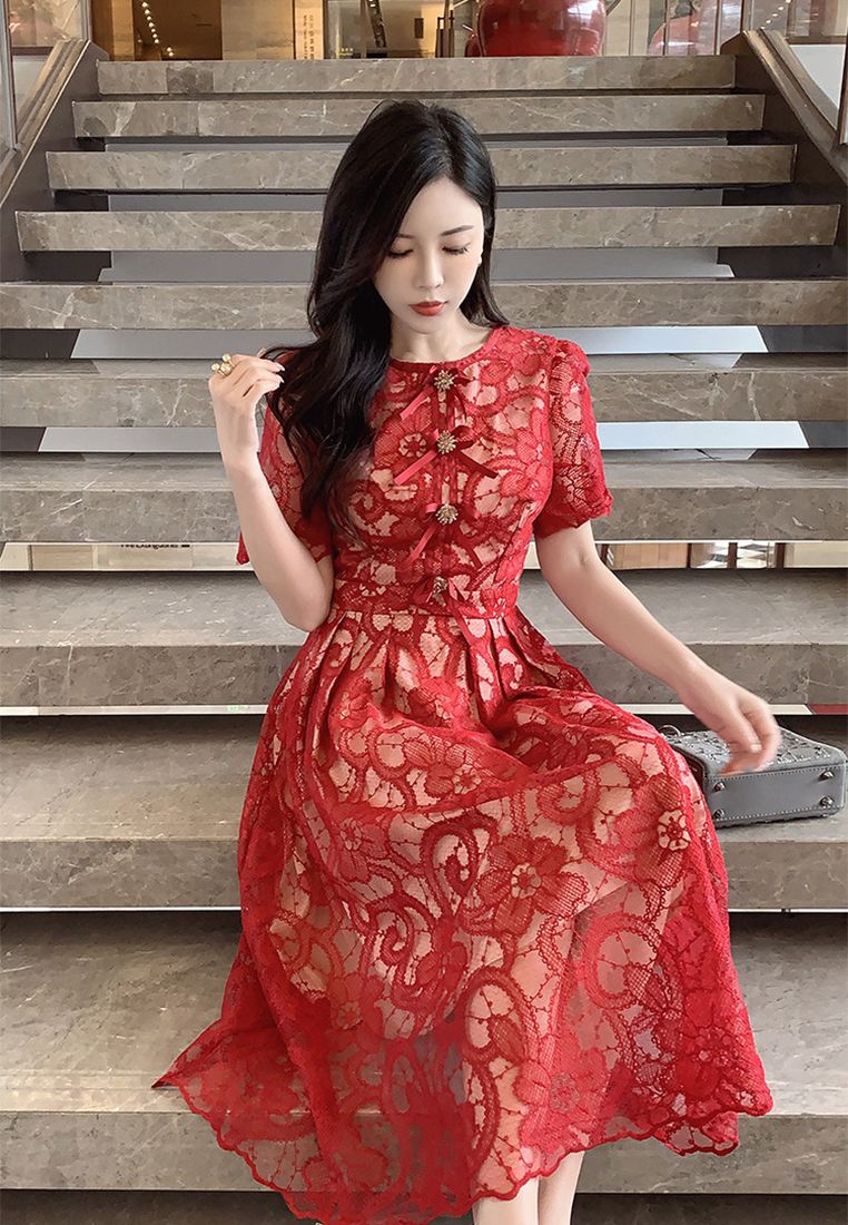 French round neck puff sleeve lace waisted long skirt CA25021334RD