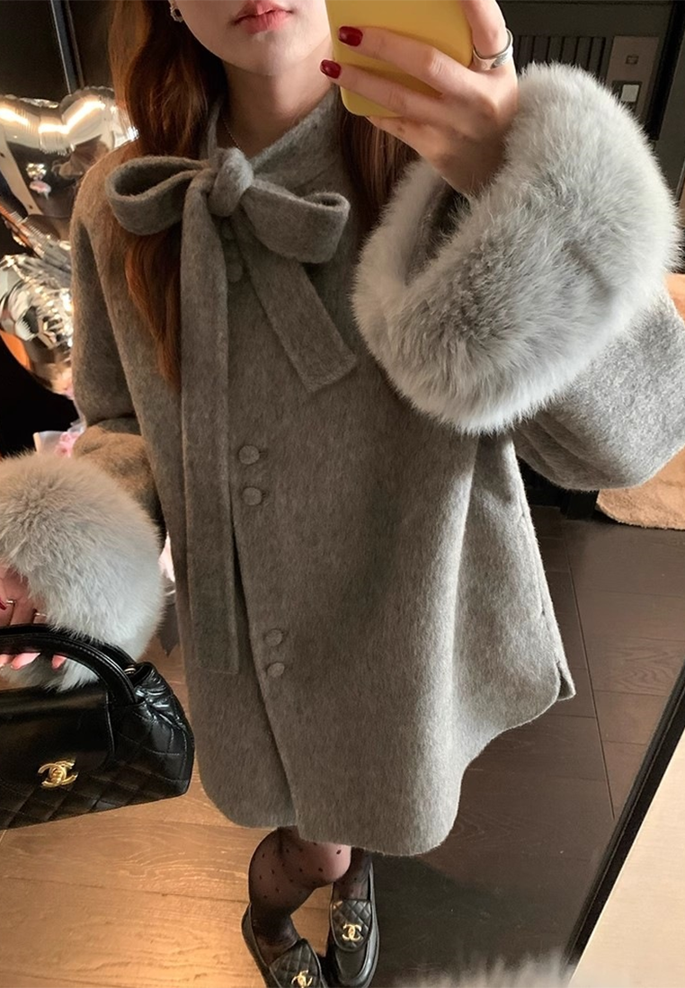 Korean-style double-sided wool coat with bow CA25102439GY