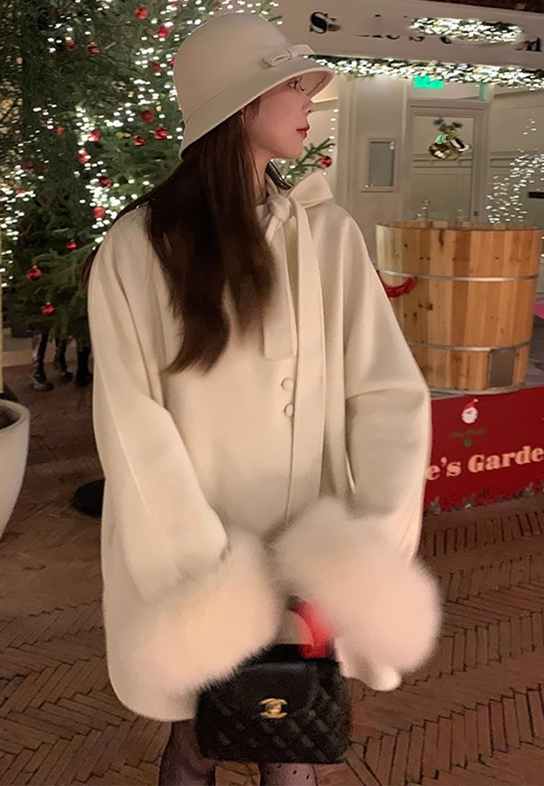 Korean-style double-sided wool coat with bow CA25102439GY