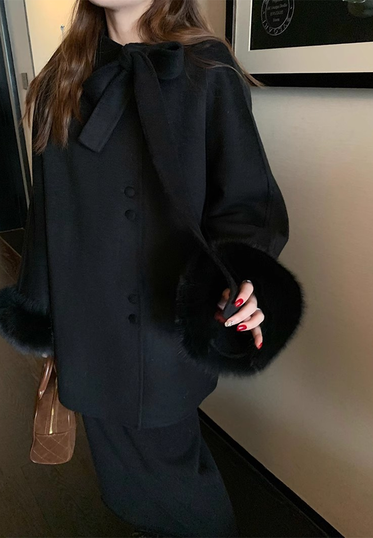 Korean-style double-sided wool coat with bow CA25102439GY