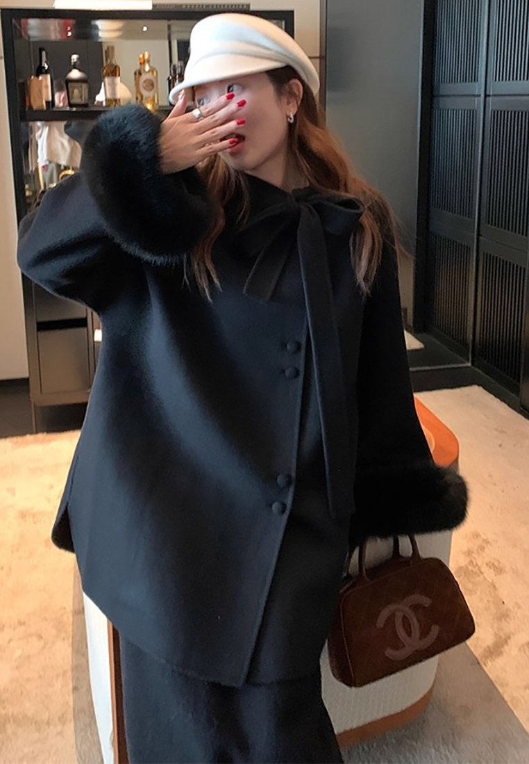 Korean-style double-sided wool coat with bow CA25102439GY