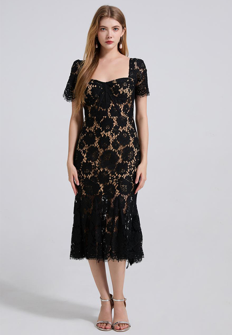 French high-end sexy square neck lace dress CA25070939BL