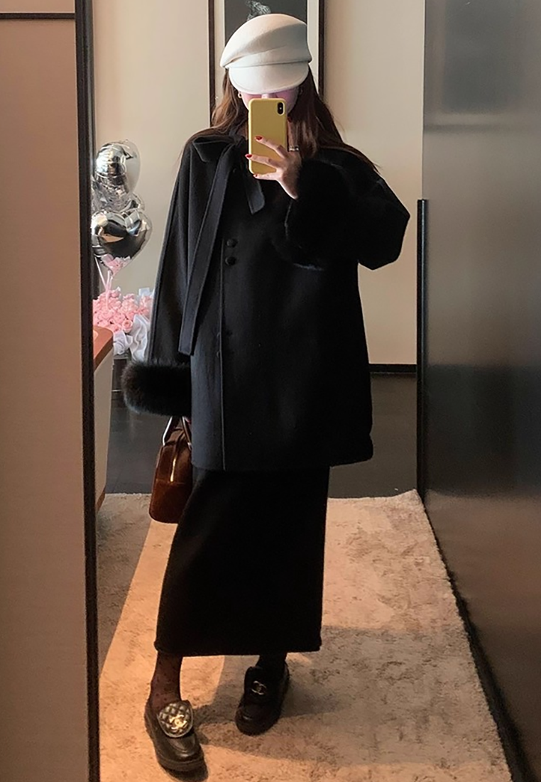 Korean-style double-sided wool coat with bow CA25102439GY