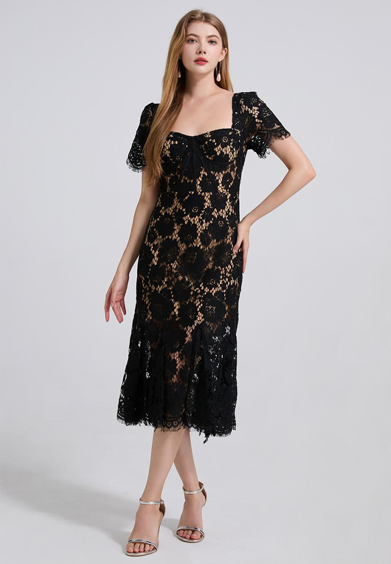 French high-end sexy square neck lace dress CA25070939BL