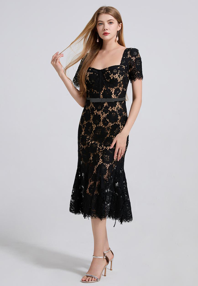 French high-end sexy square neck lace dress CA25070939BL
