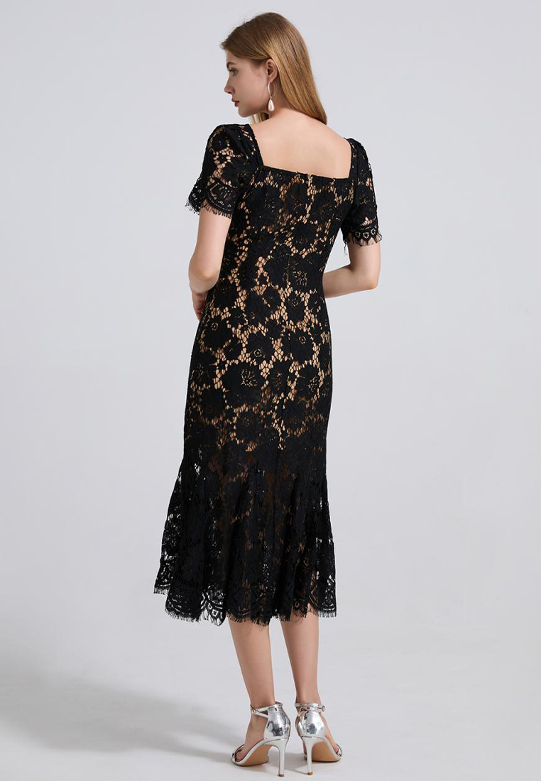 French high-end sexy square neck lace dress CA25070939BL
