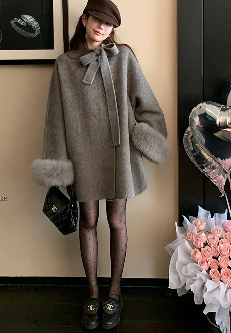 Korean-style double-sided wool coat with bow CA25102439GY