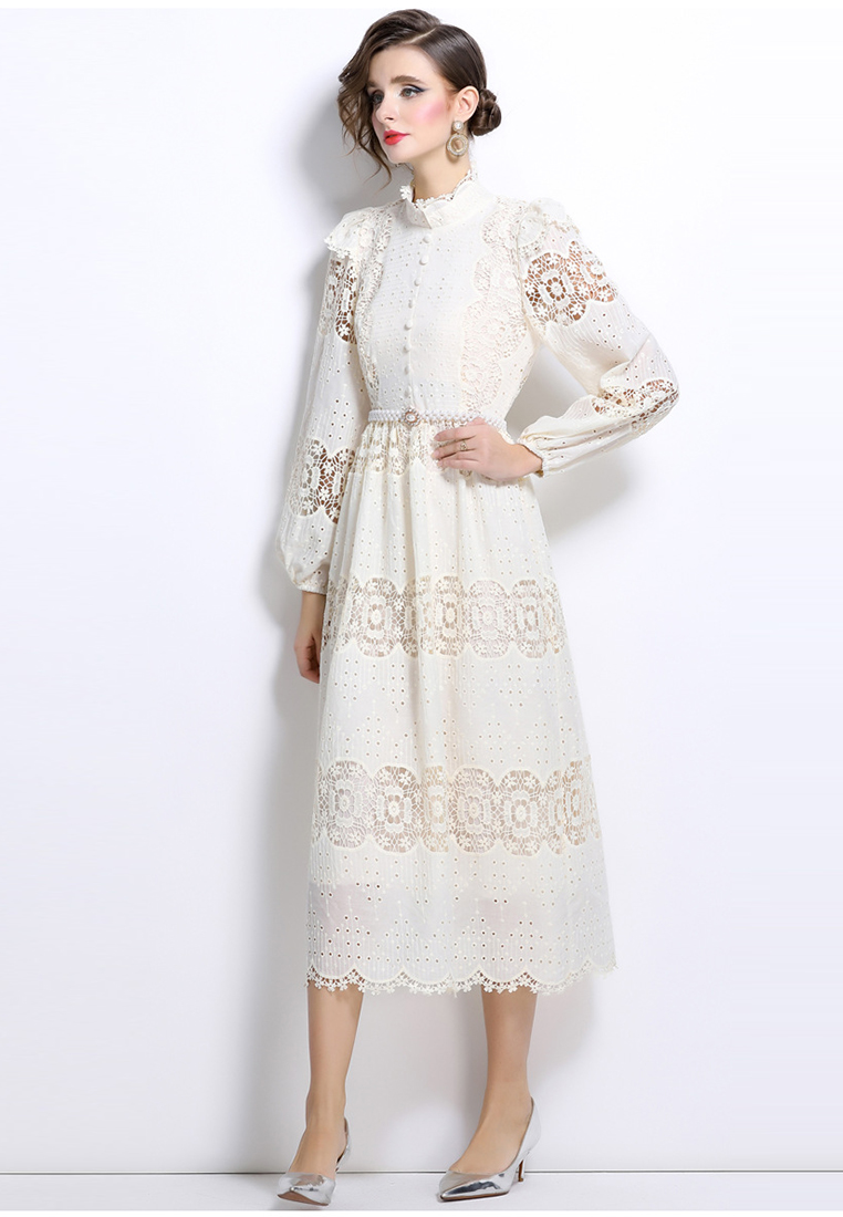 Lace long sleeved elegant dress with pearl waistband CA241128139BE
