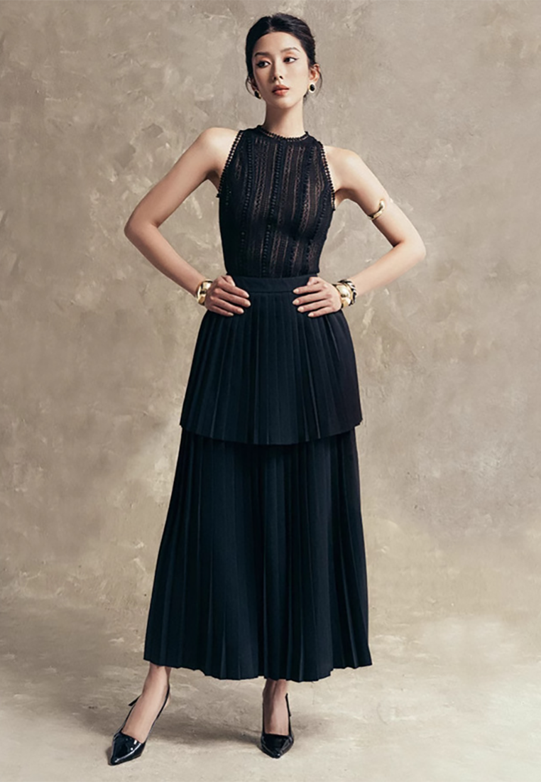 New Elegant Solid Color Sleeveless Pleated Skirt Set CA25092539BK