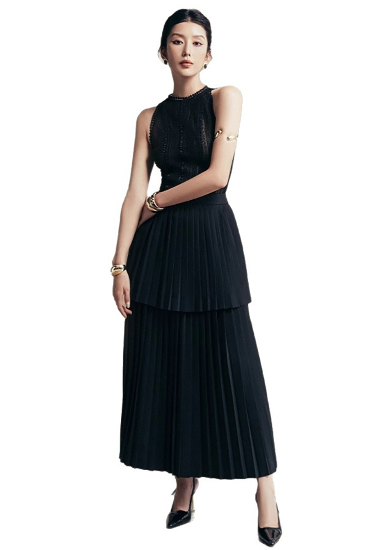 New Elegant Solid Color Sleeveless Pleated Skirt Set CA25092539BK