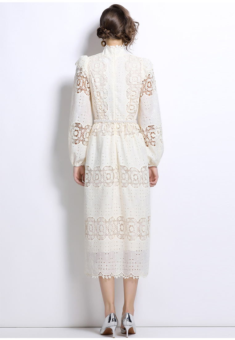 Lace long sleeved elegant dress with pearl waistband CA241128139BE