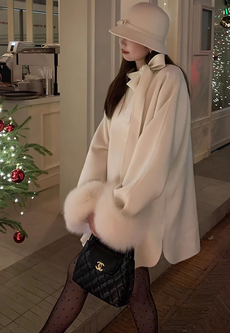 Korean-style double-sided wool coat with bow CA25102439GY