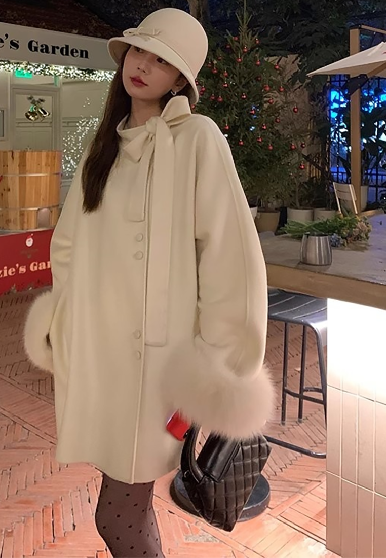 Korean-style double-sided wool coat with bow CA25102439GY
