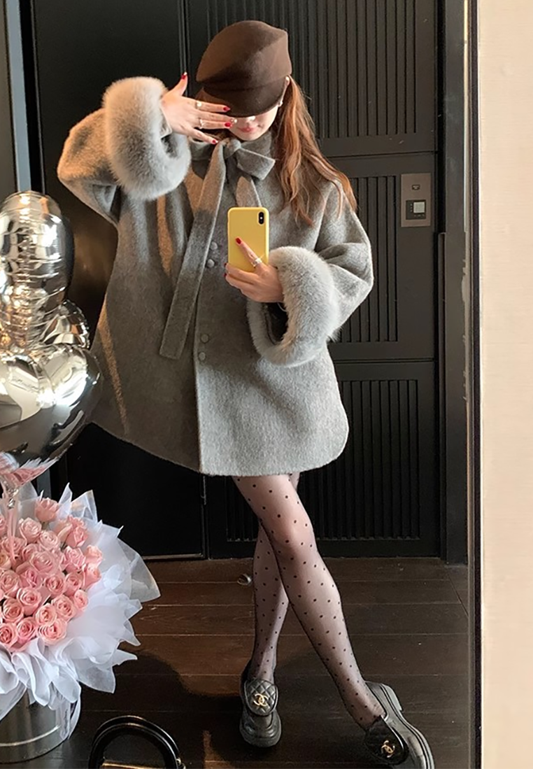 Korean-style double-sided wool coat with bow CA25102439GY