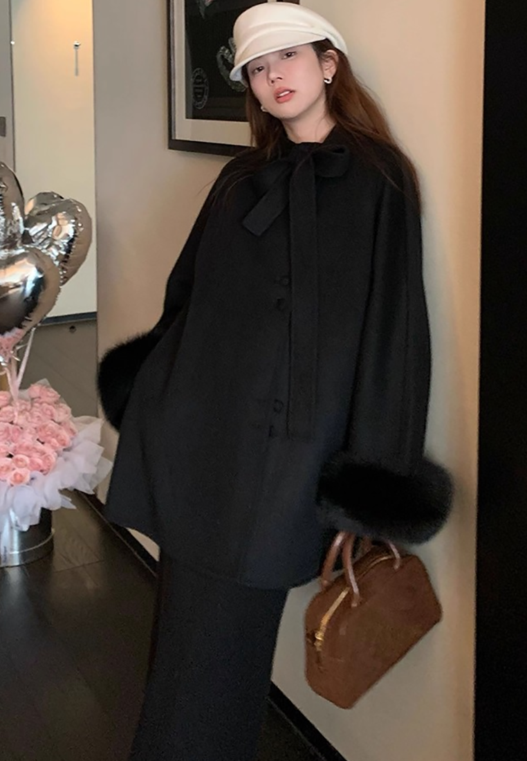 Korean-style double-sided wool coat with bow CA25102439GY