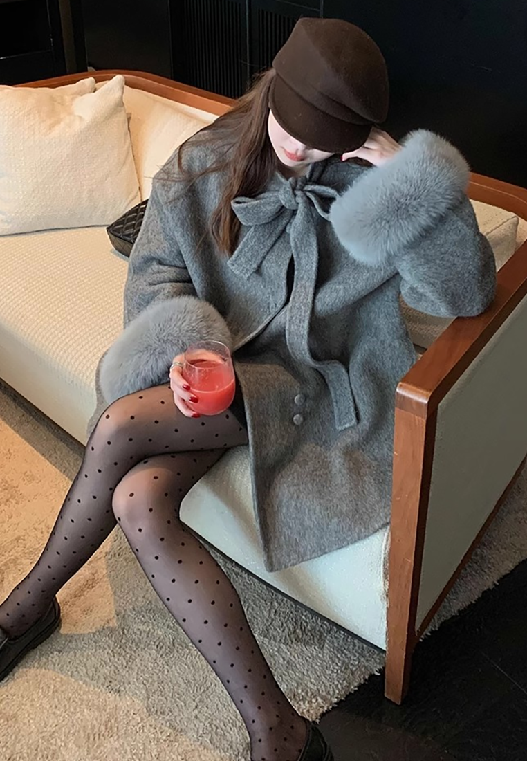 Korean-style double-sided wool coat with bow CA25102439GY