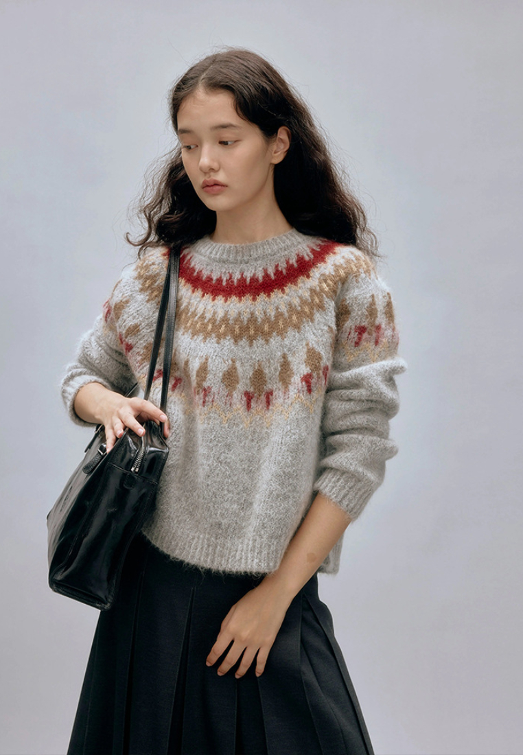 Temperament new holiday pattern mohair knitted top K121002GY