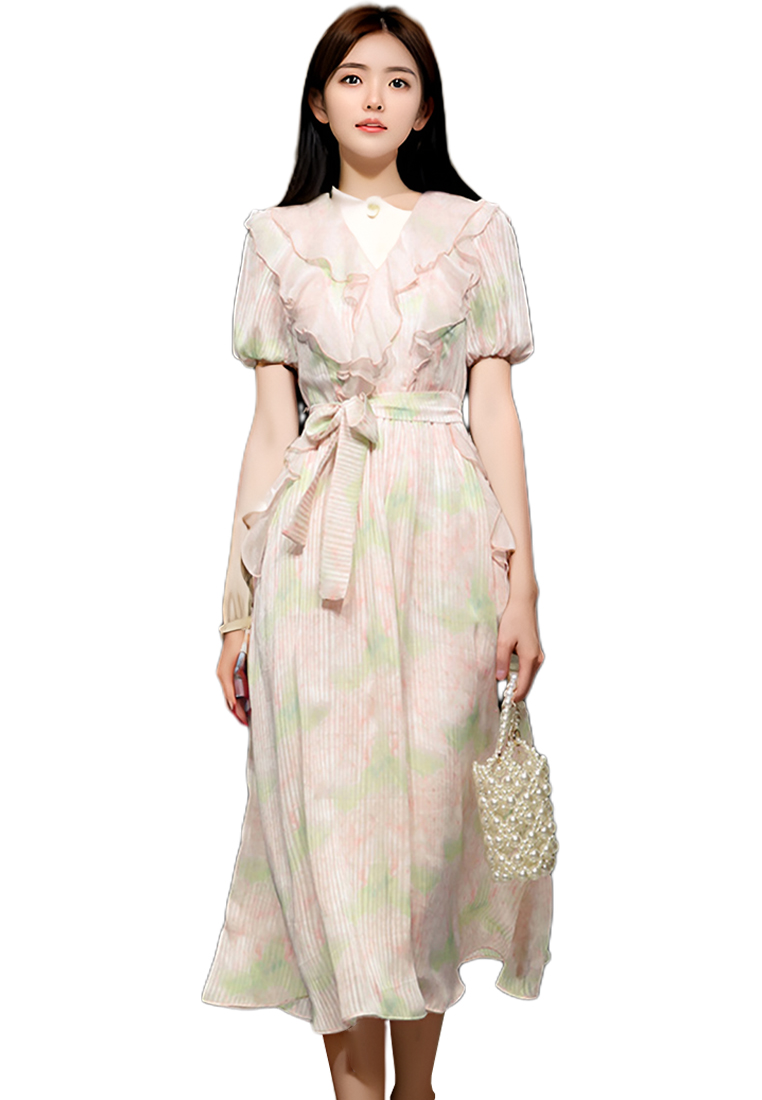 2024 New Retro Pink Lantern Sleeve Printed Dress CA24090345MT