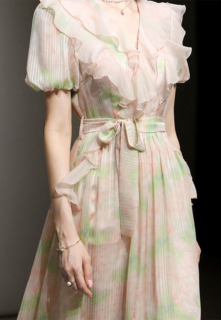 2024 New Retro Pink Lantern Sleeve Printed Dress CA24090345MT