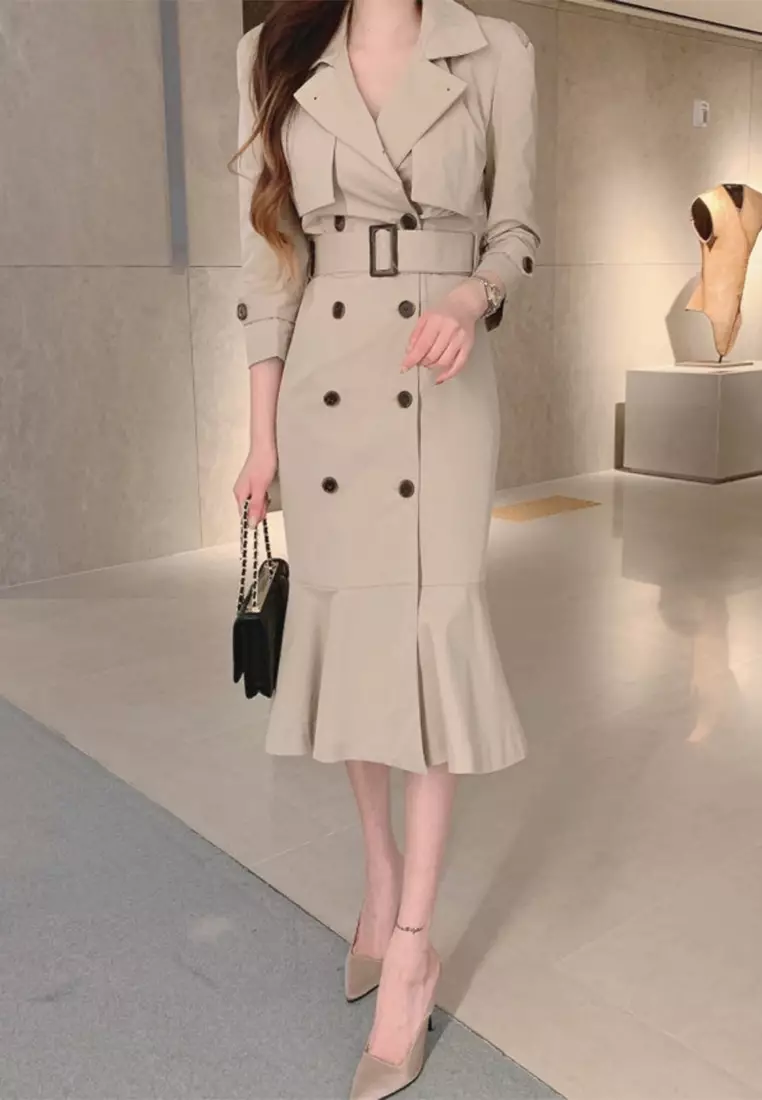 French style lace up button cinched waist dress CA24092725BE