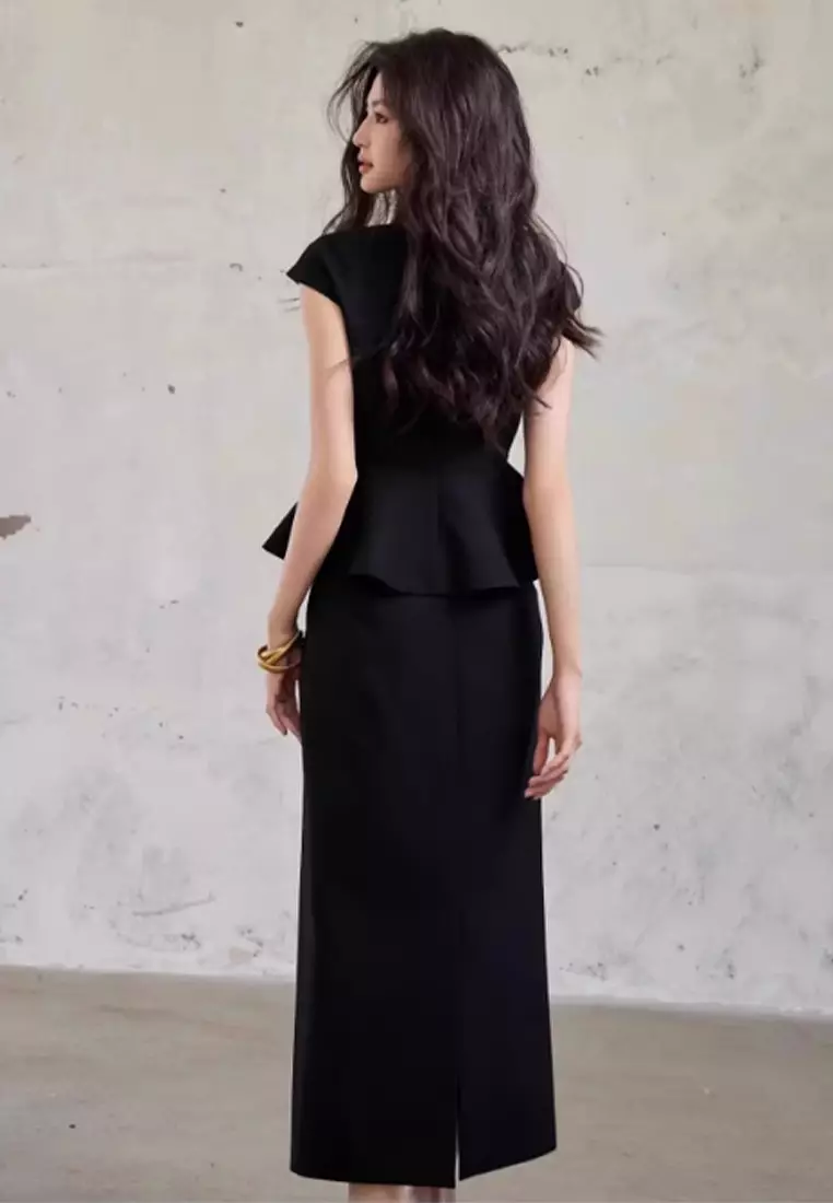 French Hepburn style waist cinched shirt half skirt two-piece set CA24092330W