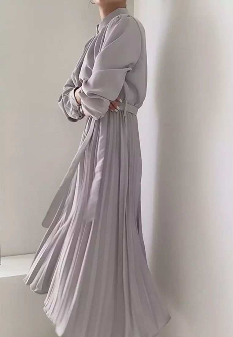 Korean bubble sleeve pleated stand up collar lace up dress CA24092714BK