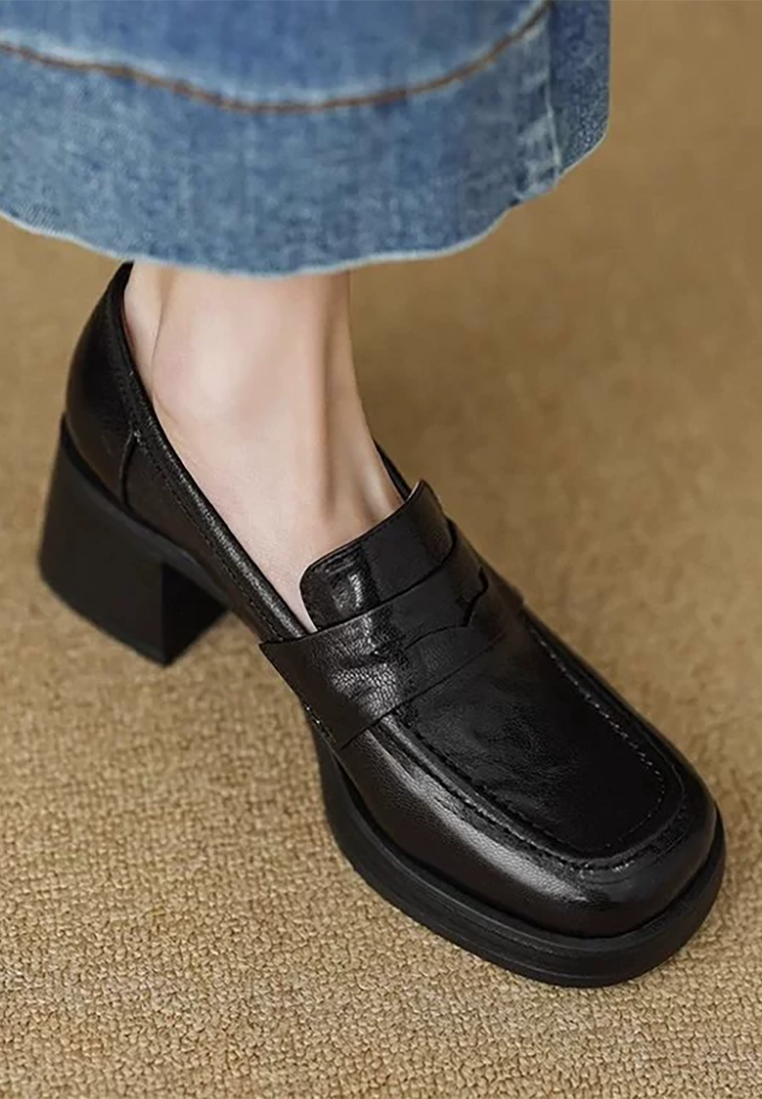 2025 Early Spring New Thick-soled High-heeled Leather Shoes CA25021330BK